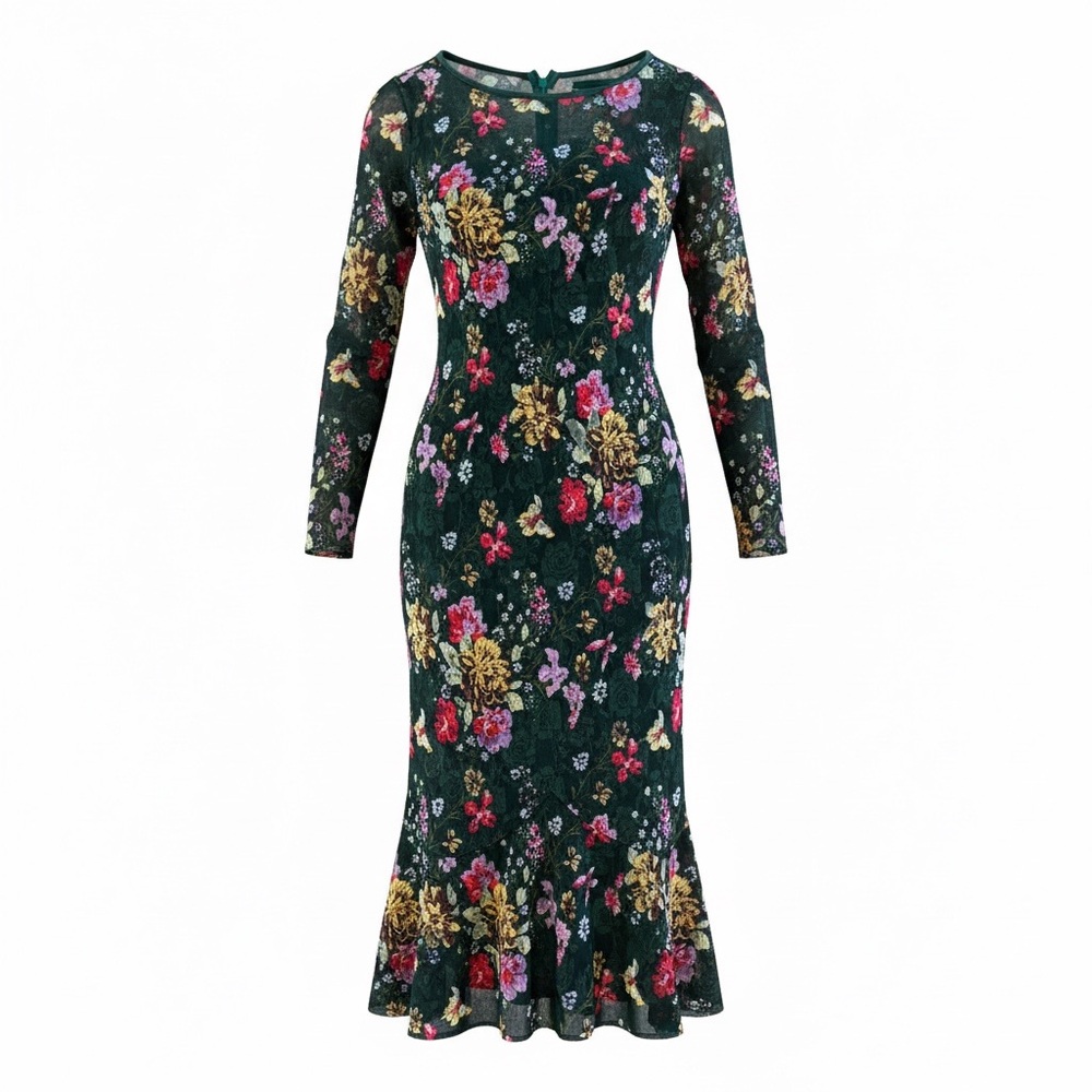 VfEmage Dark Green Floral Lace Long Sleeve Midi Dress